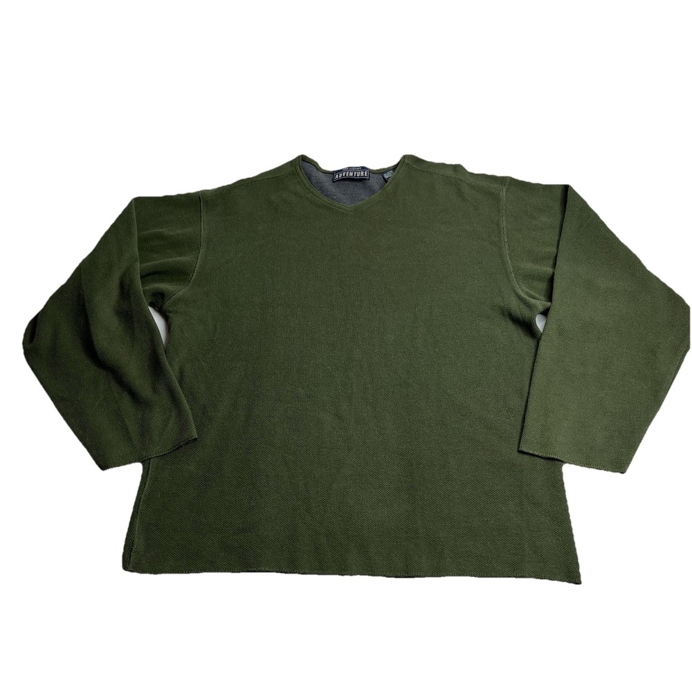 John Ashford Adventure Men Olive Green Long Sleeve V-Neck Henley Shirt L Y2K